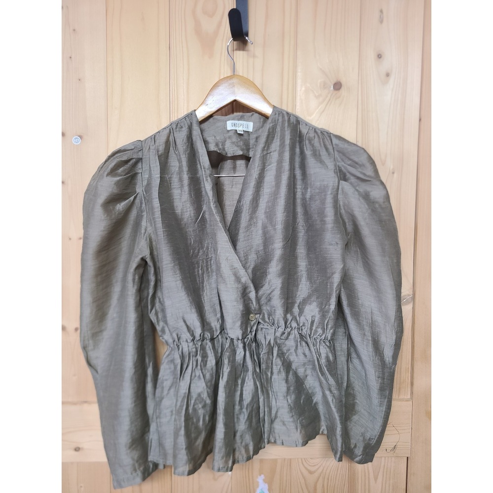 Ghospell Peplum Top Women XS Olive Green Puff Sleeve Linen Blend Wrap V-Neck